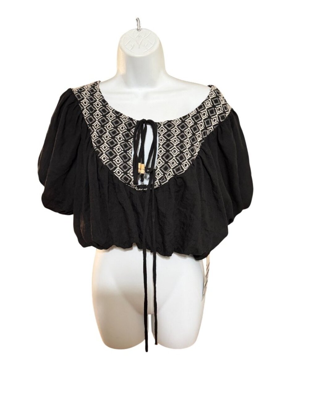 L.I.F.E. Black Boho Crop Top With Embroidered Diamond Pattern & Tie Front Size L